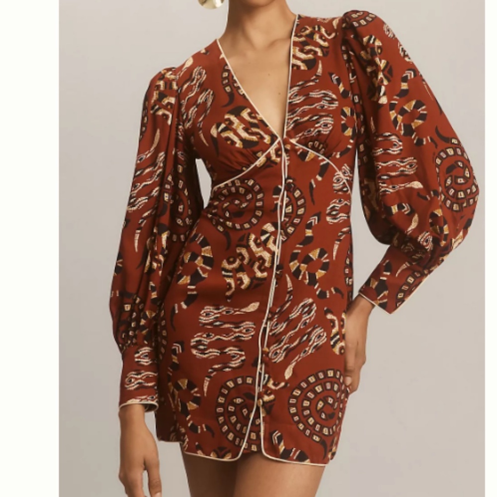Anthropologie Rust Red Printed Mini Dress with Puff Sleeves